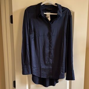 Lane Bryant Navy Blue Satin Button-down Blouse